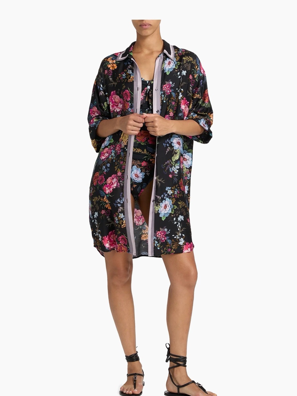 Johnny Was Floral Button-Up Dress/Cover Up- Black with Multicolor Flowers - Picture 3 of 10